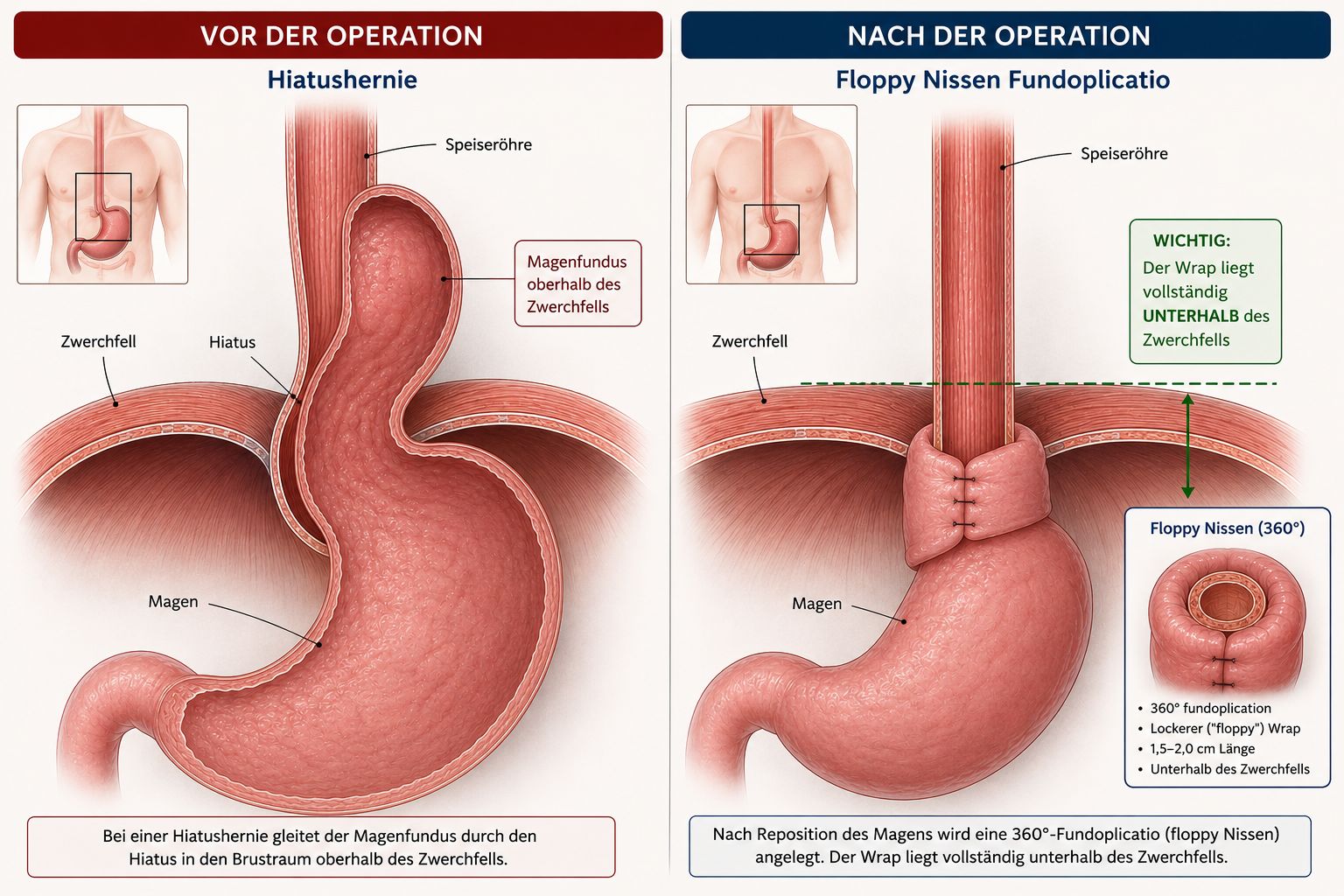 Medizinische Illustration: Hiatushernie vor und nach Floppy Nissen Fundoplicatio